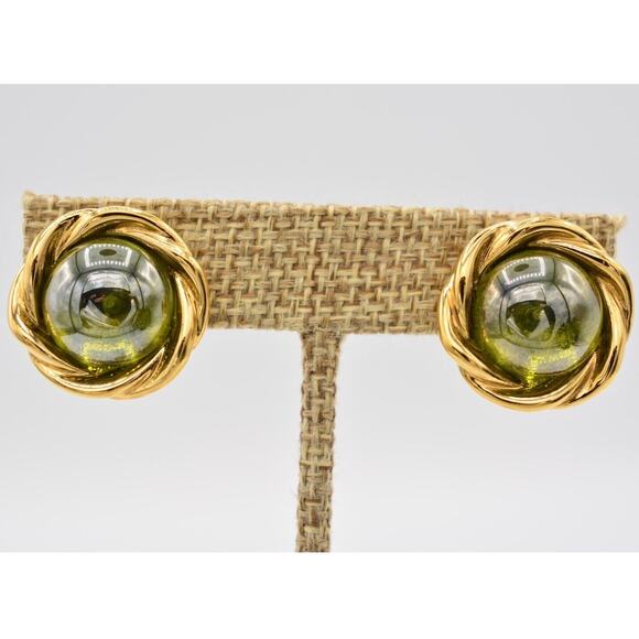 Givenchy Vintage Cabochon Clip On Earrings Gold Green Signed Runway 1980s BinAK - Picture 1 of 12